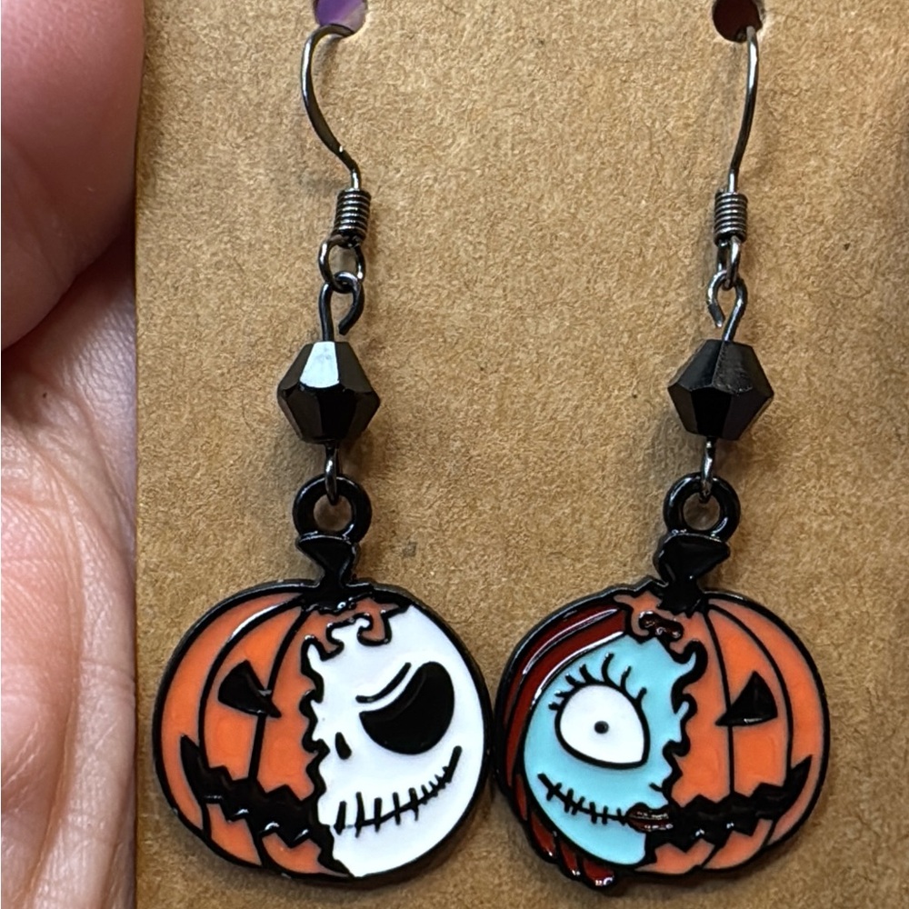 Jack an Sally Halloween Pumpkin Earrings and 2 matchingnecklaces